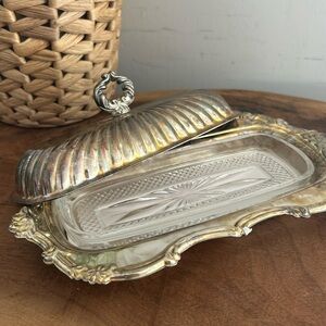Vintage Ornate Silver like Plate Butter Dish with Lid & clear Dish